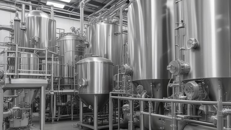 Photo of a clean, modern chemical manufacturing plant with stainless steel equipment.