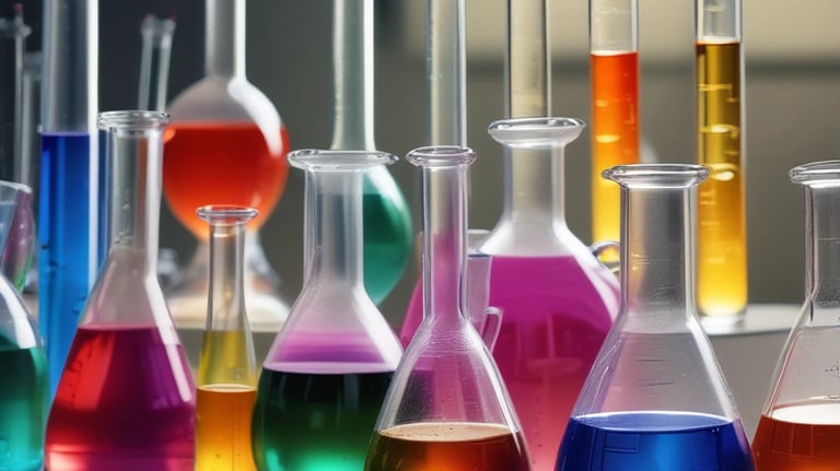 Close-up of laboratory glassware filled with colorful chemical solutions.