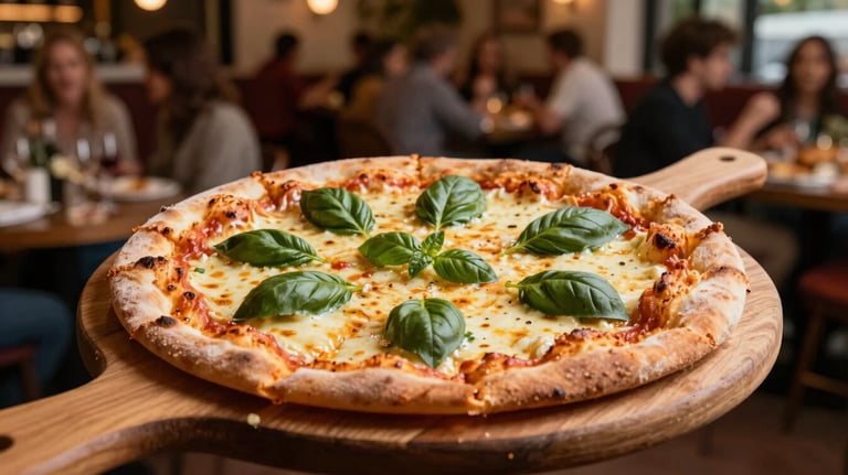 A freshly baked pizza with melting cheese and basil leaves on a wooden paddle. The background is a lively party hall with blurred people.