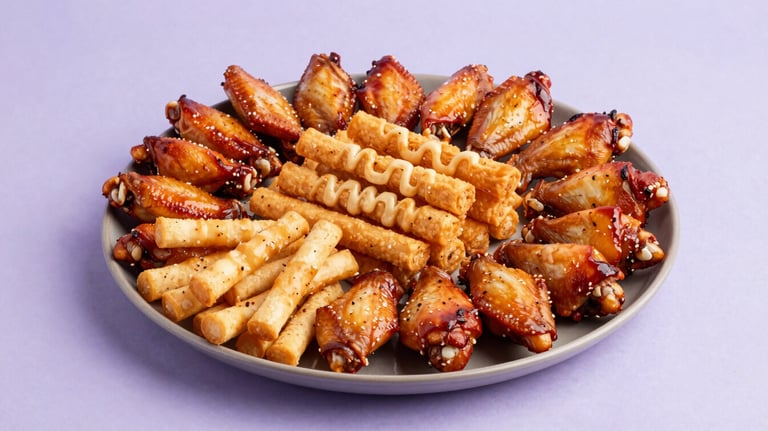 A large sharing platter of party snacks like chicken wings and cheese sticks. The lighting is vibrant with pale cloud lavender highlights.