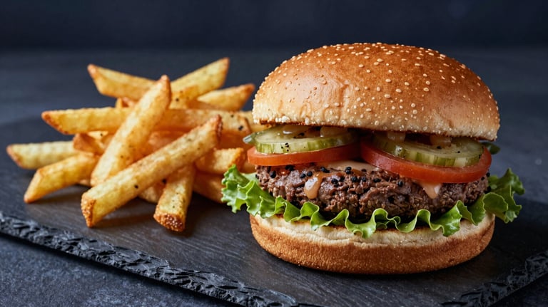 A delicious burger and a side of golden fries on a slate board. The lighting is warm, emphasizing a 'like home' feel with deep midnight indigo accents.