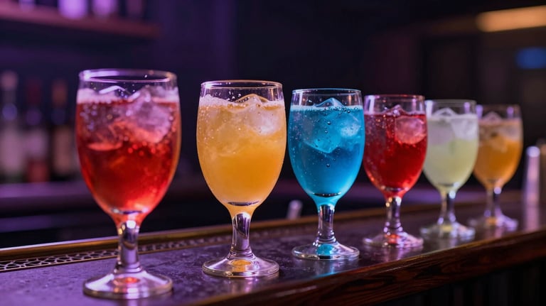 A row of vibrant colorful shots lined up on a bar. The glasses are glowing under muted slate purple and deep midnight indigo club lighting.