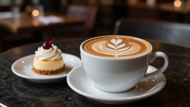 A cup of aromatic coffee with intricate latte art and a small elegant dessert on a dark table. The background shows the blurred, cozy interior of a club.