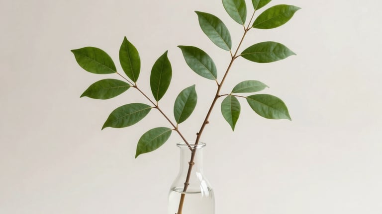 A studio shot of a green botanical branch in a minimalist glass vase against a soft off-white background. Clean, refreshing, and balanced composition.