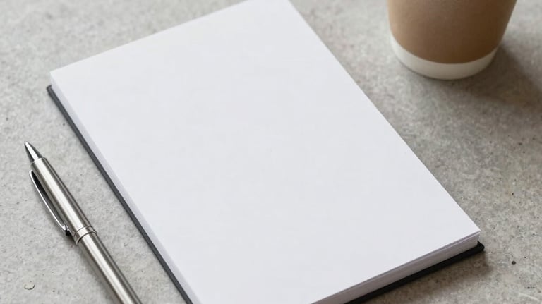 A minimalist workplace setup with a white notepad, a sleek pen, and a high-end coffee cup on a light grey stone desk. Professional, clean, and organized vibe.