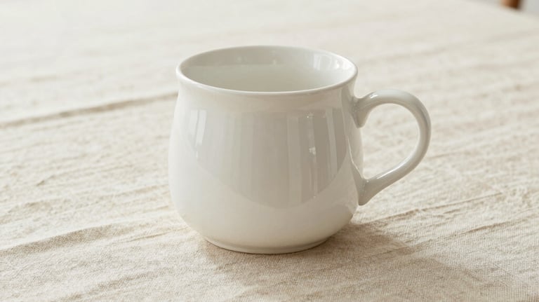 A tranquil, high-key photograph of a white ceramic object on a beige linen tablecloth. Bright, airy composition, natural light, minimalist North American home aesthetic.
