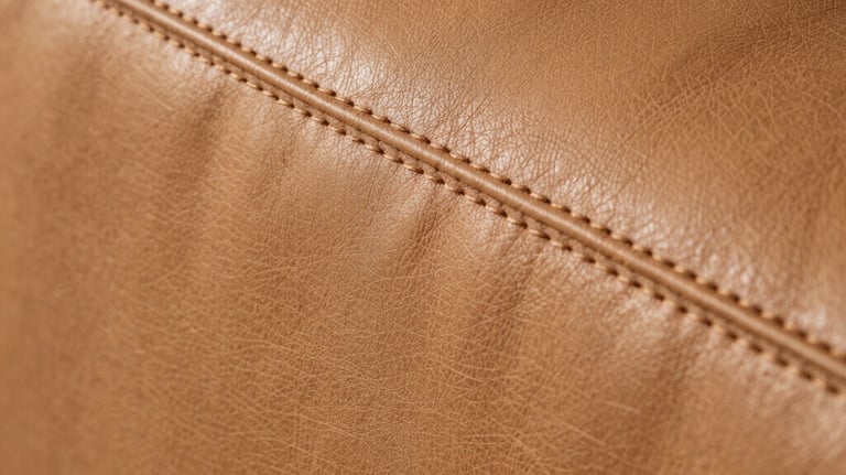 Close-up of a high-end tan leather surface with perfect stitching, shot in warm natural light. The texture is soft and inviting, North American boutique feel.