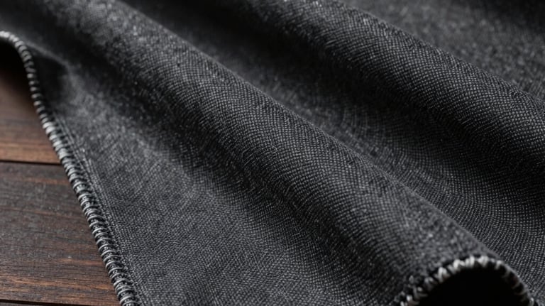 A close-up shot of high-quality charcoal fabric draped over a dark wood surface. Soft, moody lighting highlights the intricate weave, North American luxury interior style.