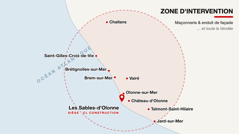 Carte de la zone d'intervention de CL Construction en Vendée : enduit de façade et maçonnerie aux Sables-d'Olonne, Olonne-sur-Mer, Château-d'Olonne, Talmont-Saint-Hilaire, Brem-sur-Mer, Brétignolles, Saint-Gilles-Croix-de-Vie, Challans