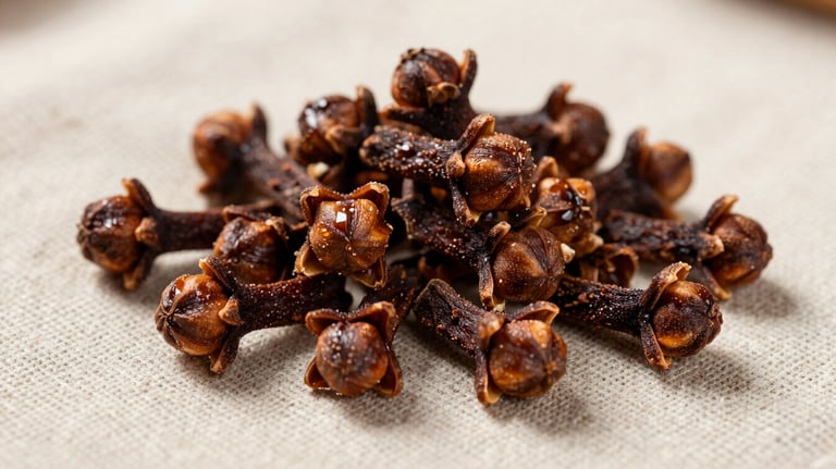 A pile of high-quality whole cloves on a neutral linen background. The photo is sharp, showing the rich dark brown color and oily sheen of the spice. Natural side lighting highlights the intricate shape of the flower buds.