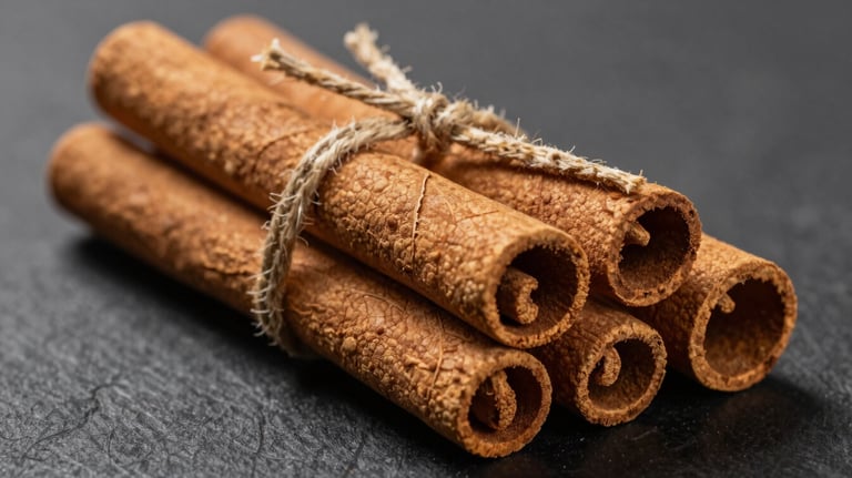Sticks of high-quality Ceylon cinnamon tied with a simple string. The lighting highlights the thin, layered bark and the delicate tan color of the spice.