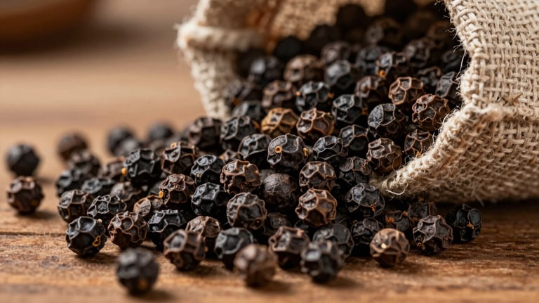 A close-up photograph of whole black pepper corns, known as Malabar Black Gold, spilling from a jute sack onto a wooden table. The focus is sharp on the wrinkled texture of the peppercorns.