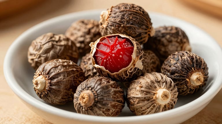 Whole nutmeg seeds with vibrant red mace still attached, placed on a ceramic dish. The colors are rich and warm, showcasing the fresh, natural state of the spices.