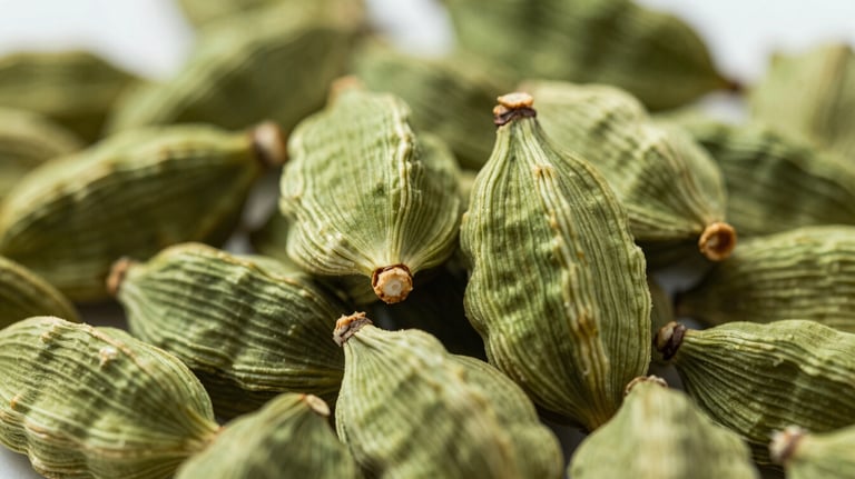 A macro shot of bright green cardamom pods in a heap. The lighting emphasizes the freshness and the characteristic ridges on the surface of the pods.