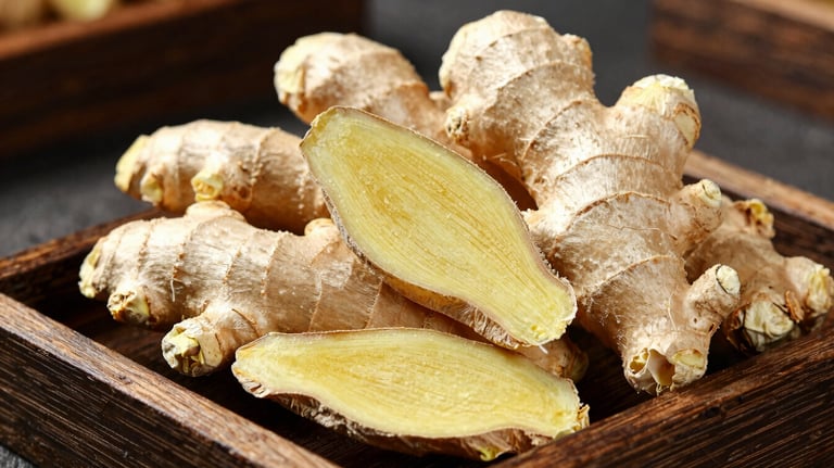 Clean, peeled dry ginger pieces arranged on a rustic tray. The image captures the pale, sandy color and fibrous texture of the ginger against a dark background.