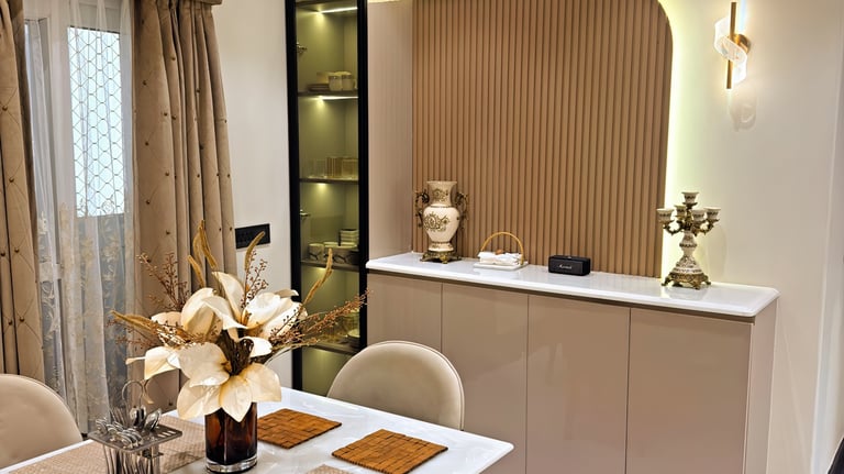 Modern luxury dining room interior with elegant marble table and decorative wood wall paneling.