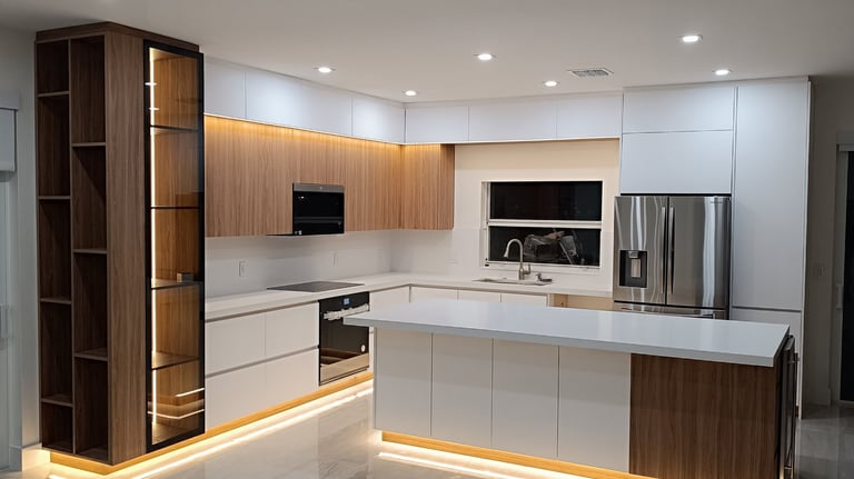 a kitchen with a large white counter top