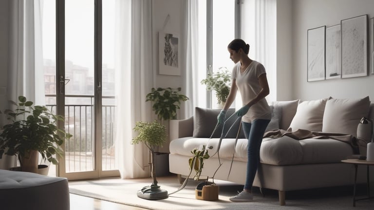 A professional cleaner carefully wiping a modern living room window with sunlight streaming in