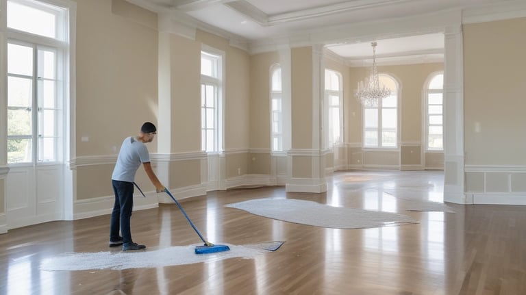 Cleaning team in action removing dust and debris after a construction project