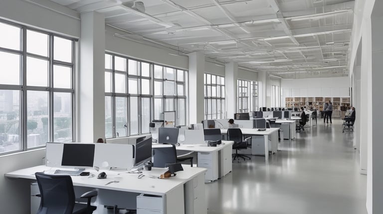 A tidy office space with a cleaner vacuuming the carpet near desks