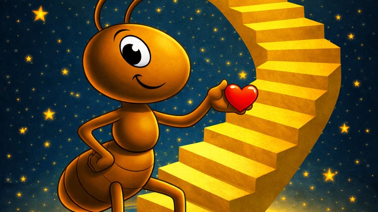 Shaman Ant walking up the stairs to show the people how to return home.