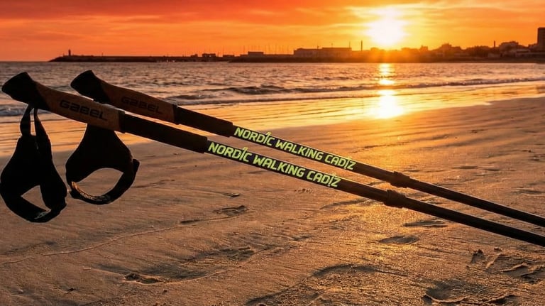 Nordic walking poles resting on a sandy beach at sunset, perfect for fitness trekking by the ocean.