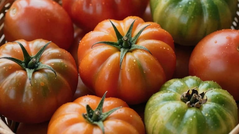 A close-up photograph of a wicker basket filled with a variety of colorful heirloom tomatoes in red, orange, and deep green. Natural lighting highlights the smooth textures, in a warm, inviting North American farm setting.