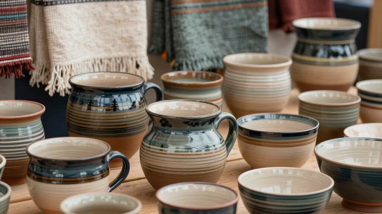 A lifestyle photograph of handcrafted ceramic pottery and organic textiles displayed on a wooden market stall. The style is wholesome and artistic, reflecting local North American craftsmanship.