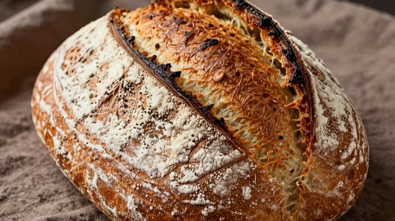 A photography shot of a freshly baked, golden-brown loaf of sourdough bread with a flour-dusted crust, sitting on a brown linen cloth. The lighting is warm and emphasizes the texture of the crust.