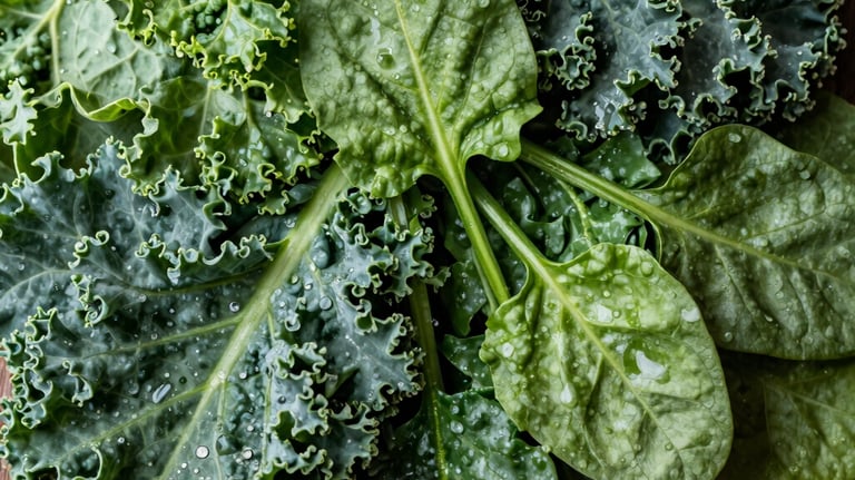 A top-down, high-quality photography shot of vibrant, mixed leafy greens like kale and spinach, misted with water for freshness. The composition is clean and organic, set against a rustic wooden background in a North American market style.