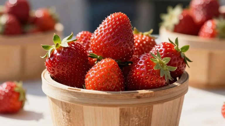 A charming photography shot of a small wooden pint container filled with ripe, bright red organic strawberries, sitting on a sunlit market table. The background is softly blurred, evoking a sense of local charm and summer freshness.