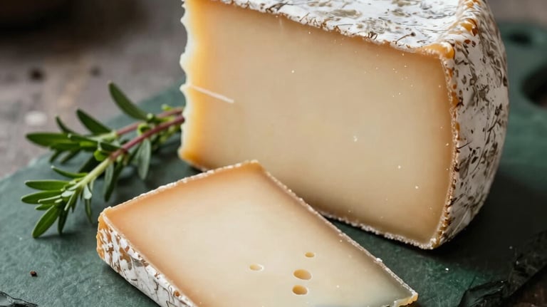A close-up photograph of artisanal cheese wedges arranged on a dark green slate board, accompanied by sprigs of fresh herbs. Soft, warm lighting in a rustic kitchen setting, North American style.