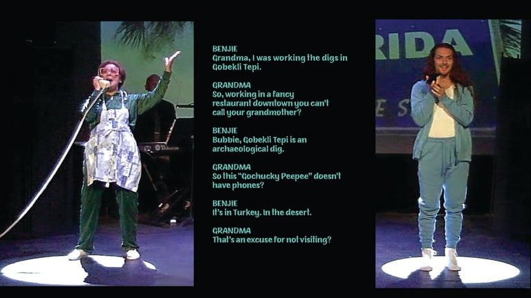 Son talking to grandmother and sample dialogue from comedy skit