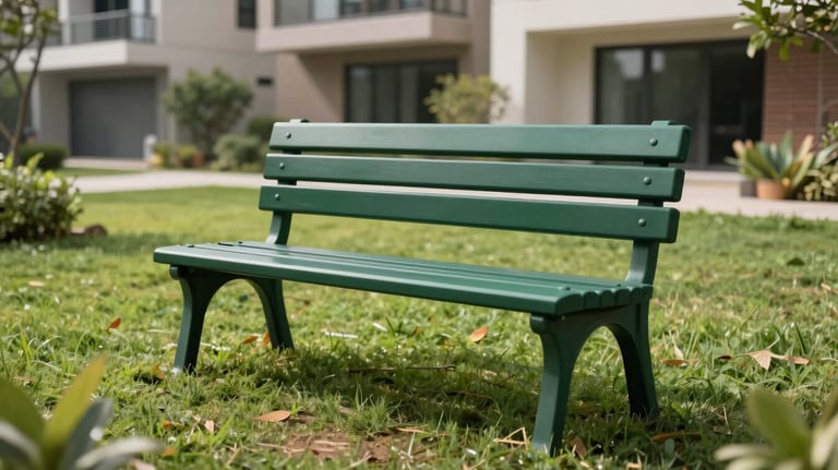 A sleek, dark green garden bench made from recycled plastic, placed on a manicured lawn within a modern South Asian residential complex.