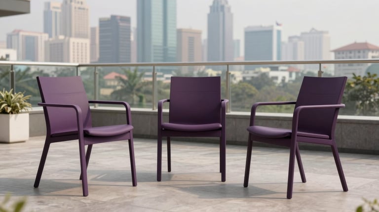 Contemporary outdoor chairs in a deep purple finish, positioned on a professional building terrace with a view of a South Asian city skyline.