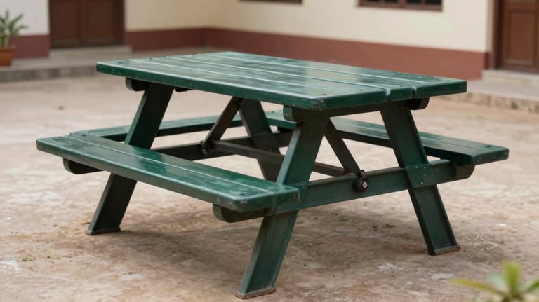 Large, sturdy picnic table and bench set made from dark forest green recycled plastic, located in a clean institutional courtyard in India.