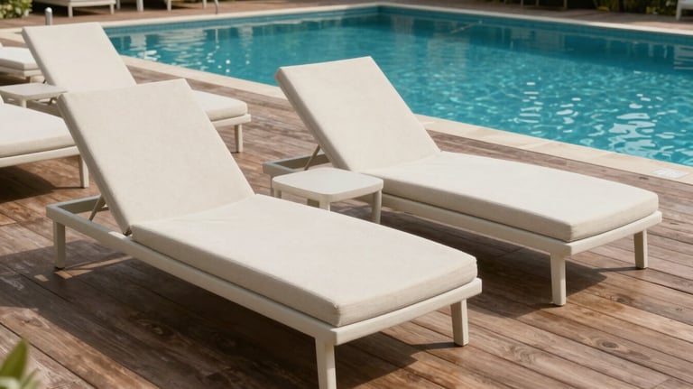 Minimalist pool loungers in a neutral off-white recycled material, arranged neatly on a wooden deck by a luxury swimming pool in a South Asian resort setting.