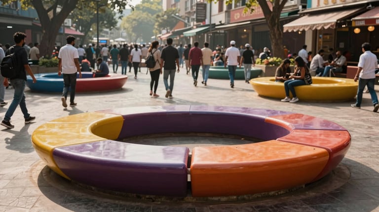 Modular, custom public seating in a vibrant Indian urban plaza. The design is fluid and architectural, attracting visitors in a high-traffic area.