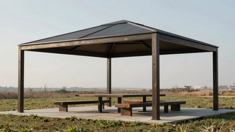 Architectural gazeebo structure with a minimalist dark frame made from sustainable materials, providing shaded seating in a professional landscape.