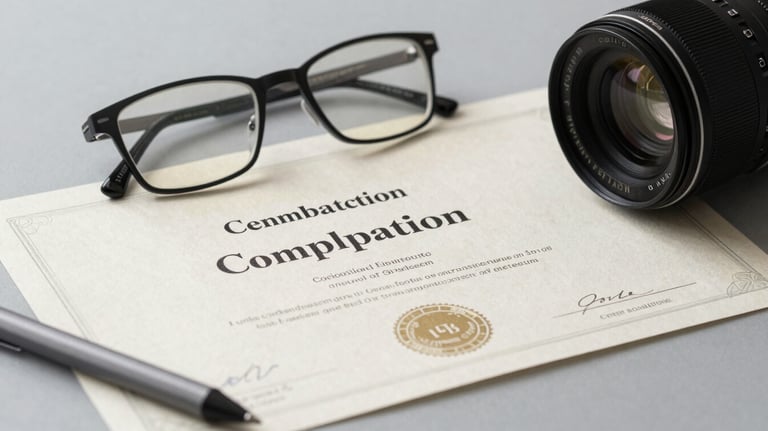 A close-up of a certificate of completion on a soft mist grey surface, with a pair of professional glasses and a technical stylus. Elegant and rewarding feel.