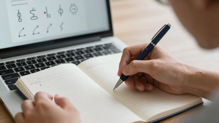 A student's hands taking neat notes next to a laptop showing a video course on electrical symbols. Soft mist grey notebook and dark navy pen. Professional and clean.
