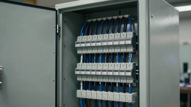 An industrial electrical control panel with neatly organized wires in steel blue and dark navy. The door is open, showing a complex but perfectly labeled system. Professional technical photography.