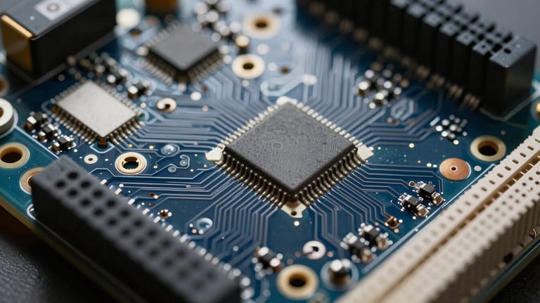 A macro shot of a clean circuit board with high-end components. Lighting is focused and precise, highlighting the technical engineering detail in dark navy and steel blue.