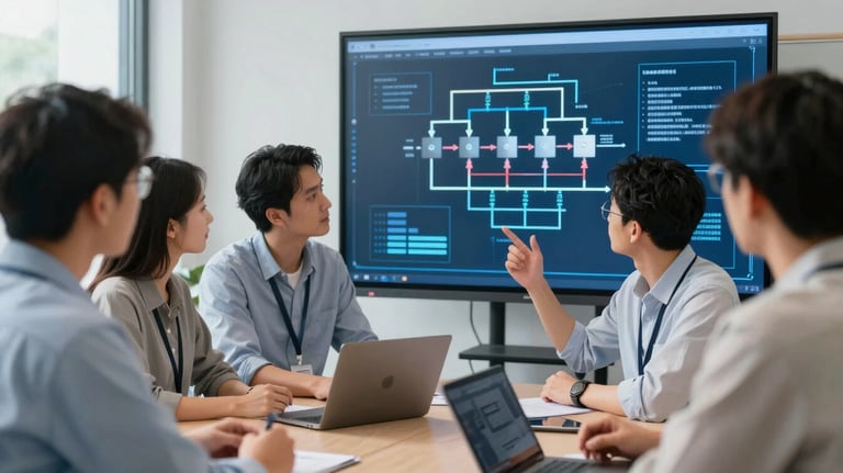 A group of technical professionals in a bright, modern learning center. They are discussing a project displayed on a large screen showing a steel blue electrical diagram.