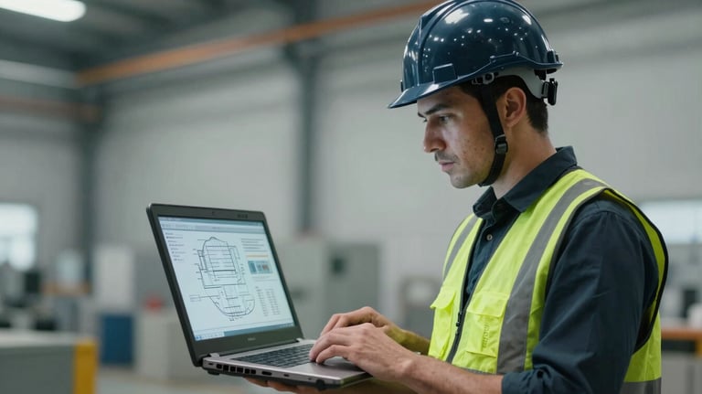 A professional engineer in a dark navy hardhat and safety vest looking at a digital schematic on a rugged laptop in an industrial setting. Steel blue and soft mist grey tones.