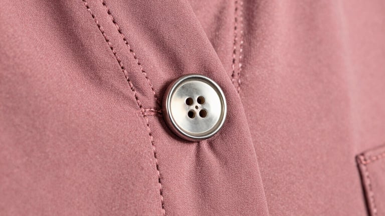 Detailed shot of a silver button and neat stitching on a dusty rose abaya. Focus is on the craftsmanship and high-quality finishing.