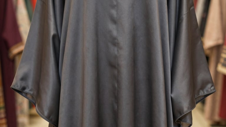 Detailed photography of a premium silk abaya draped elegantly. The fabric color is a soft charcoal. Southeast Asian boutique setting with warm, soft-focus lighting.