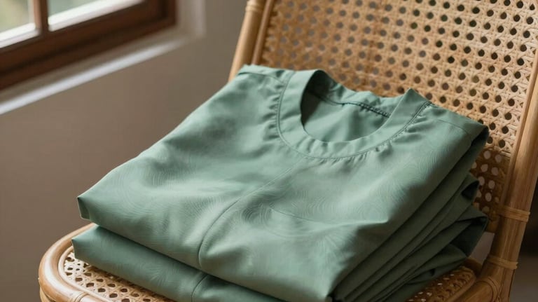A minimalist still life of a sage green abaya folded neatly on a rattan chair. Soft daylight streaming through a window in an Indonesian villa.