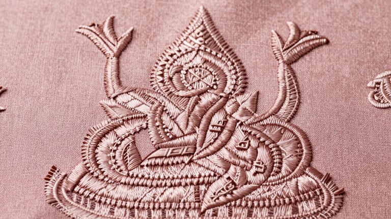 Macro shot of high-quality embroidery on a pastel dusty rose fabric. Elegant and intricate patterns inspired by traditional Southeast Asian art.