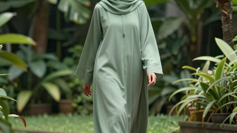 A candid shot of a woman in a sage green abaya walking through a lush Southeast Asian garden. The composition is airy and sophisticated.